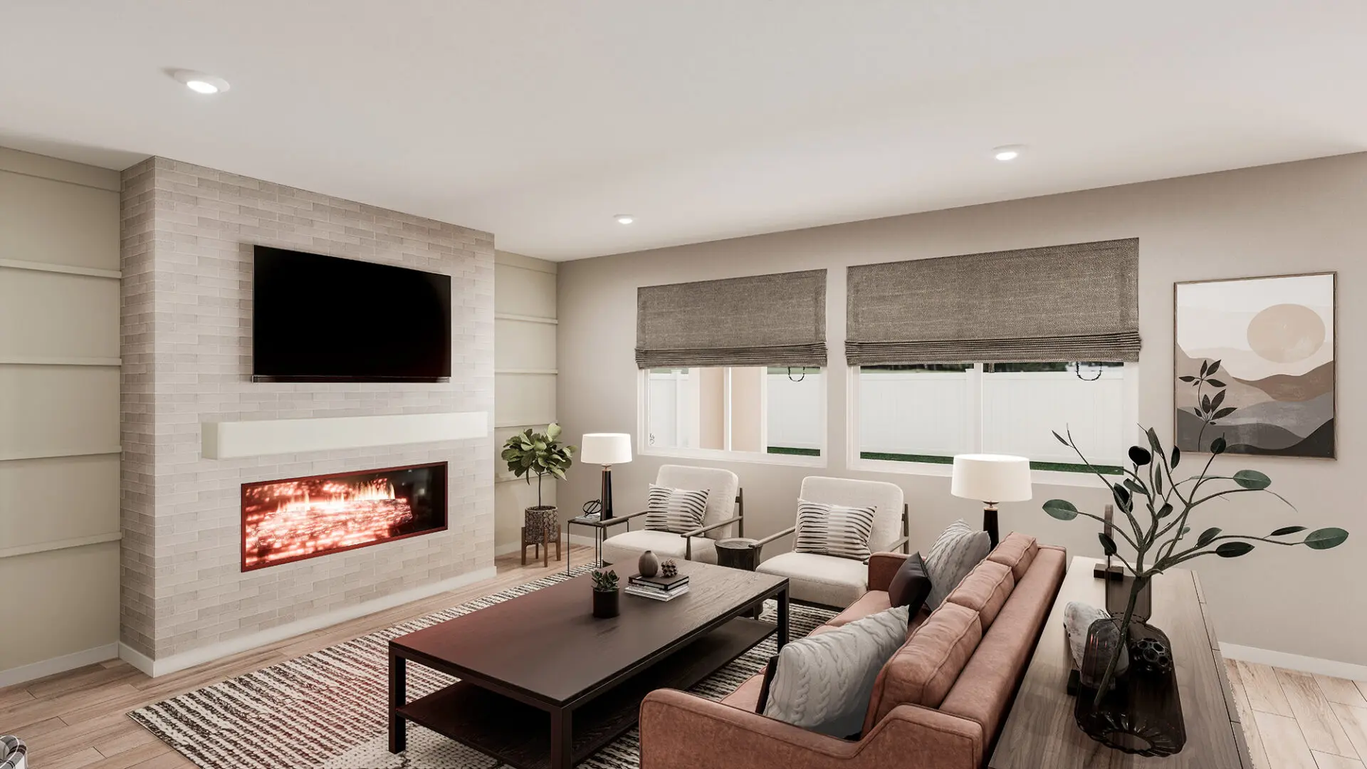 A living room with a couch, table and fireplace.