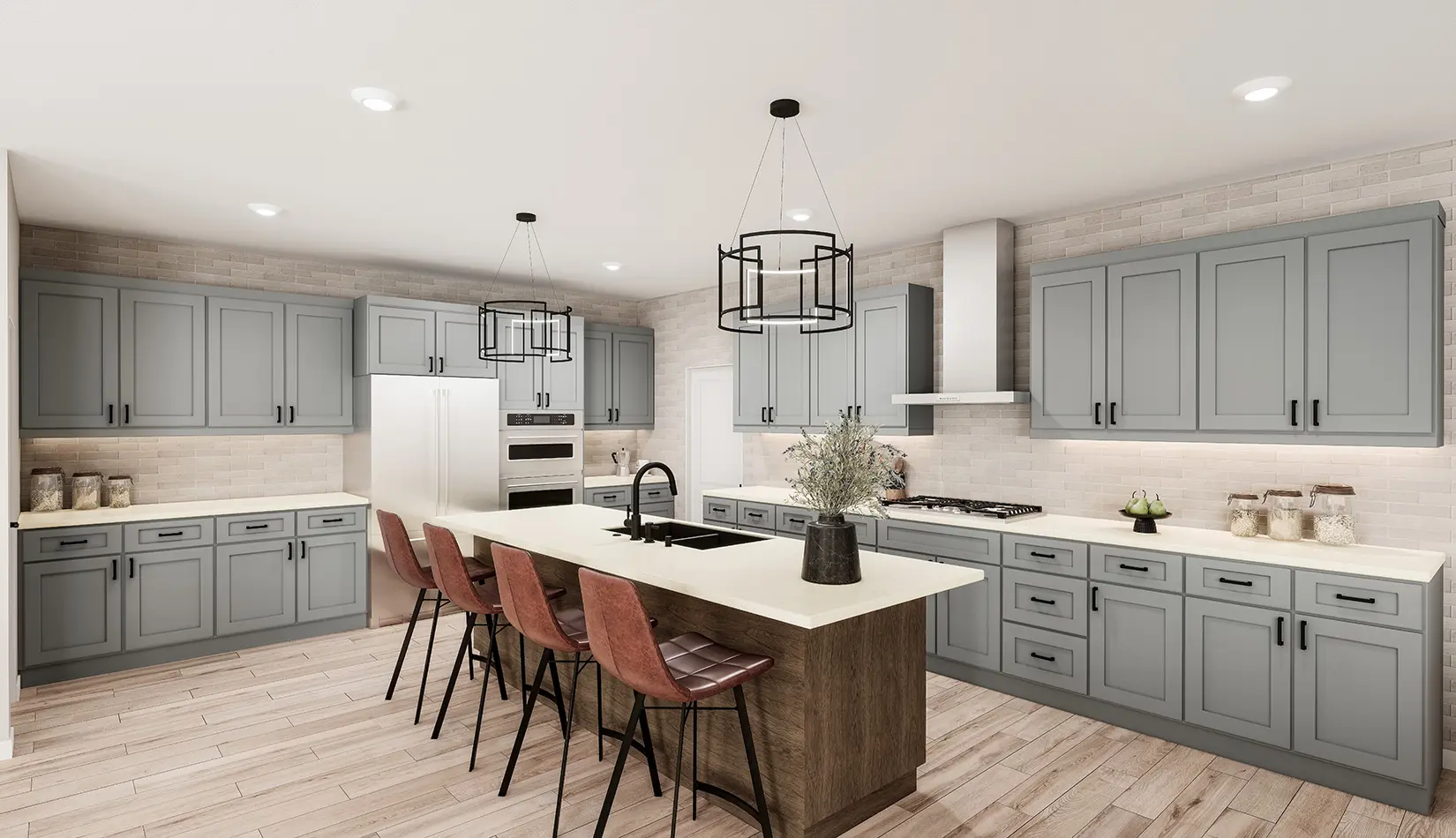 A kitchen with grey cabinets and white counters.