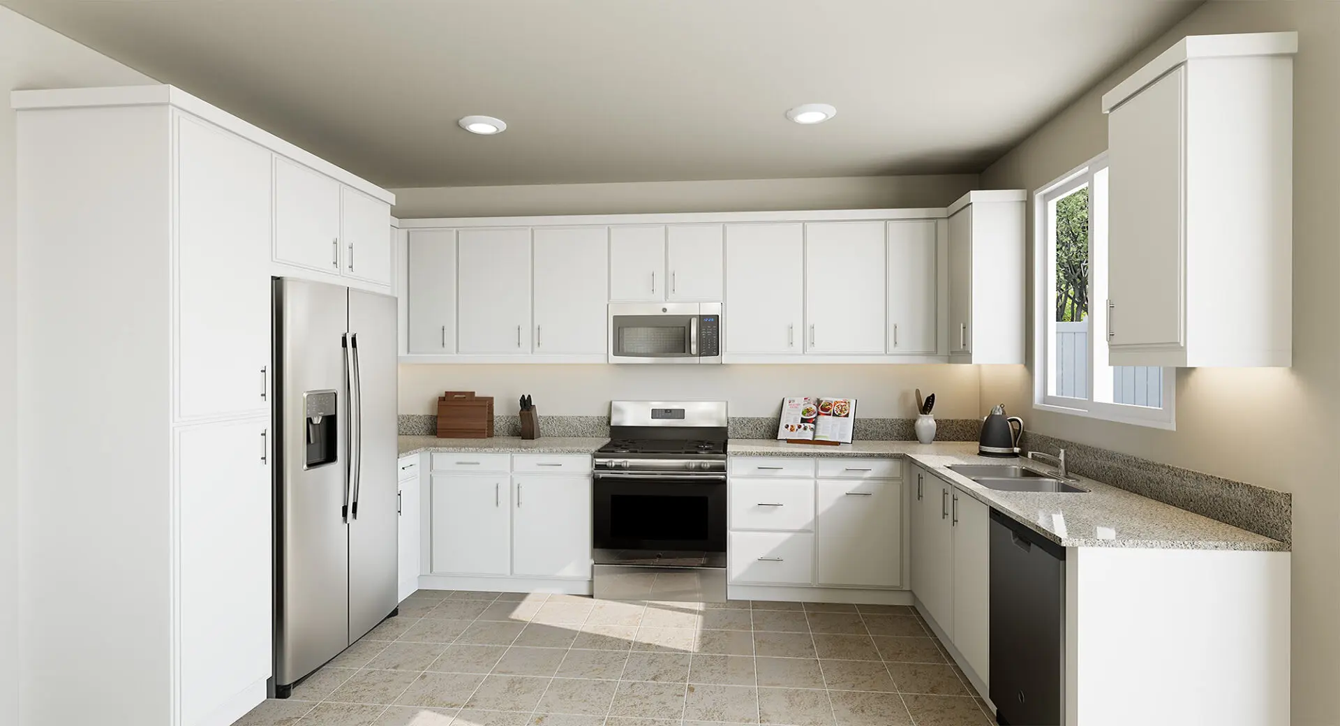 A kitchen with white cabinets and black appliances.