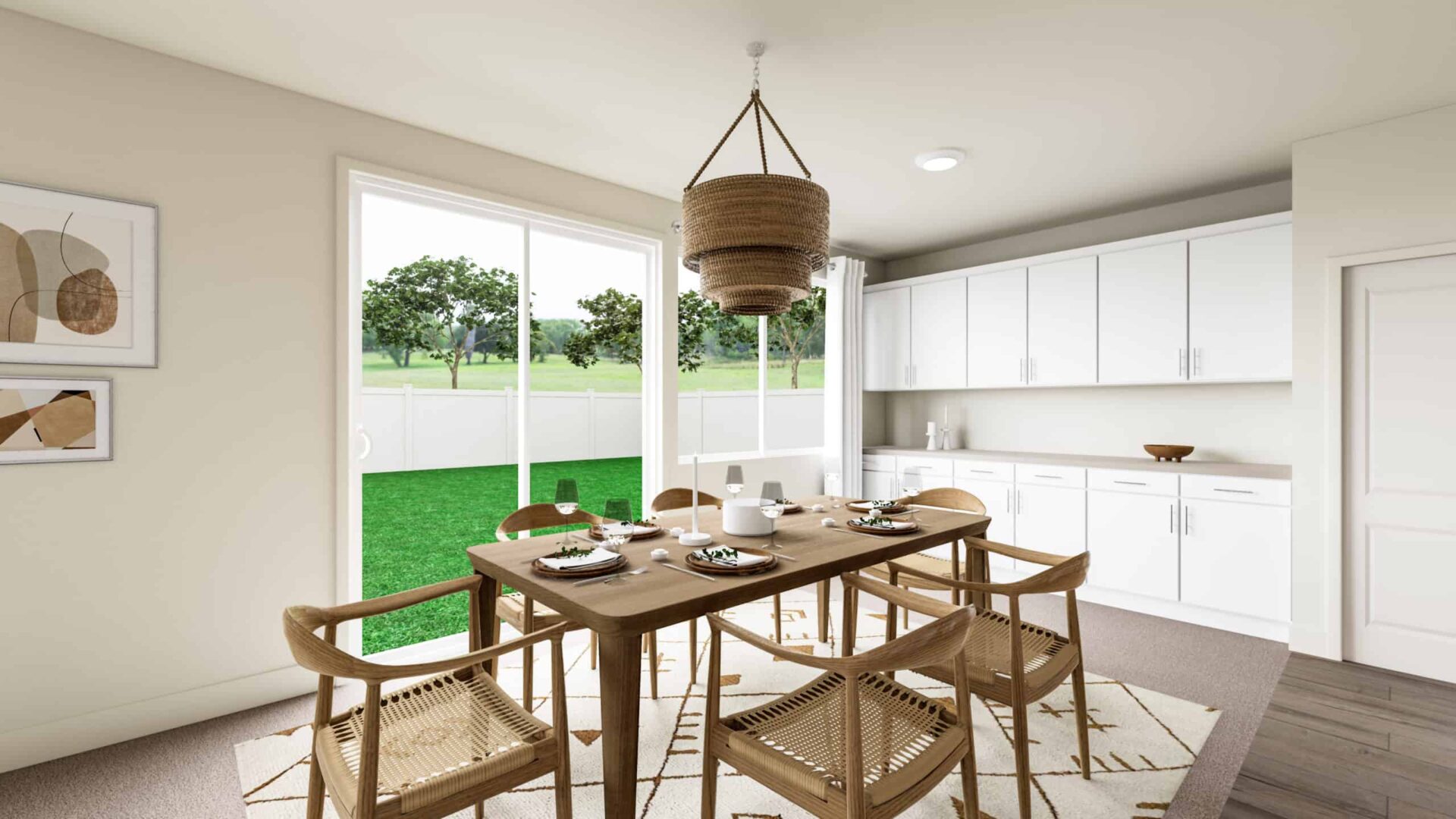 A dining room table with chairs and a hanging light.