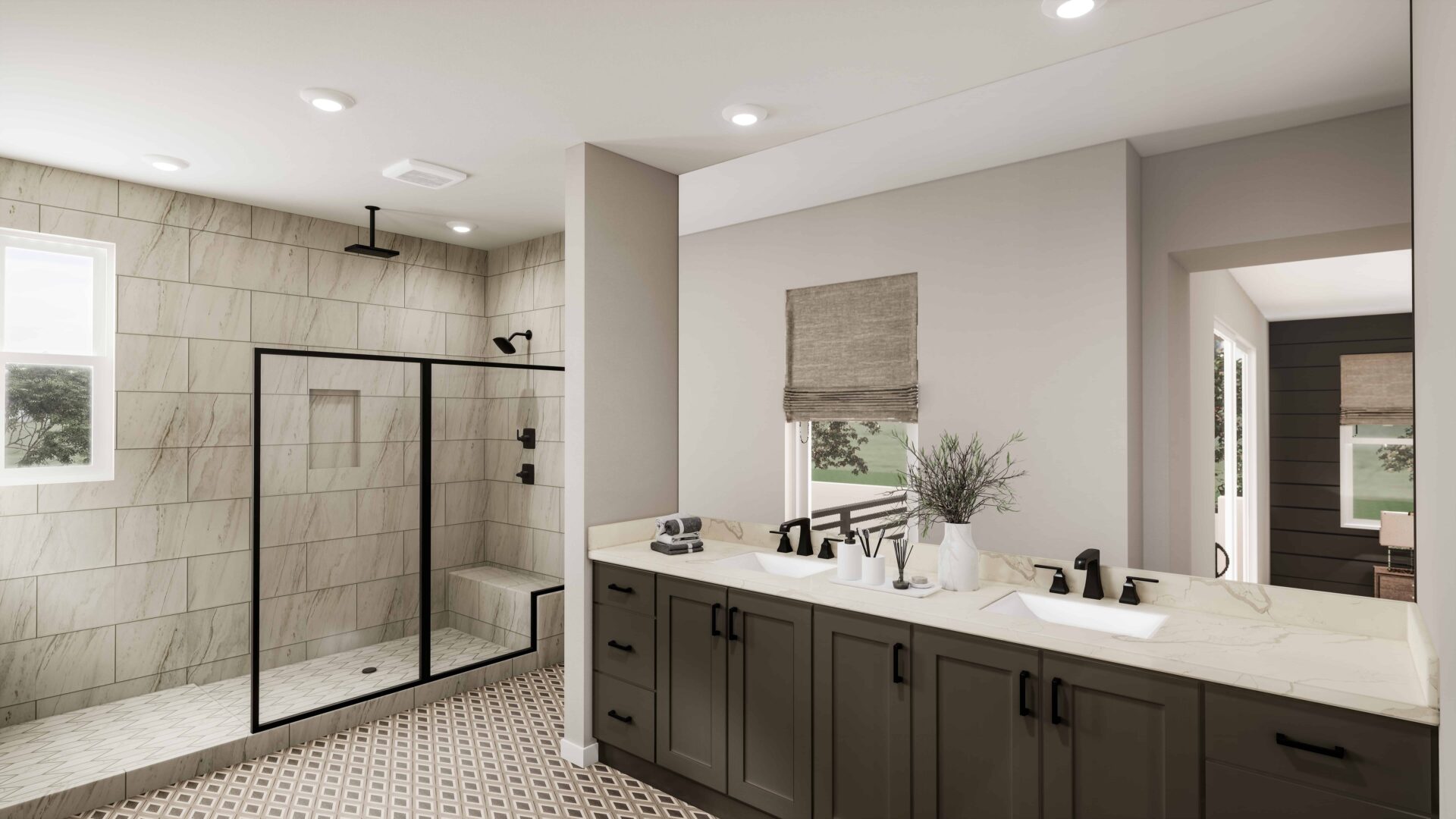 A bathroom with two sinks and a walk in shower.