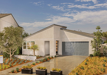 A rendering of the front yard and driveway of a home.