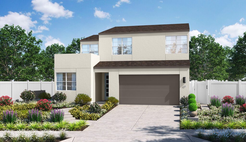 A rendering of the front of a house with a garage.