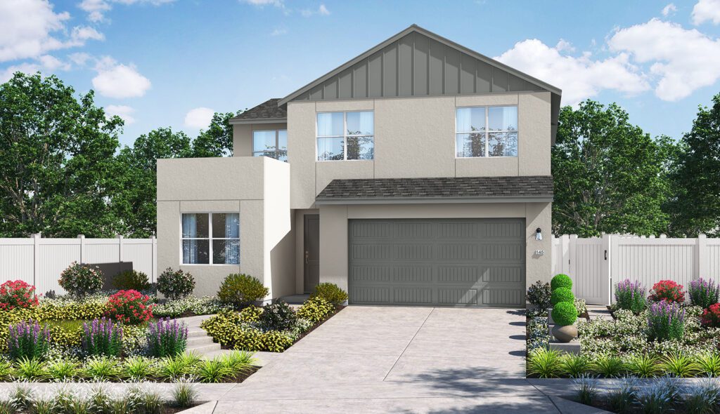 A rendering of the front of a house with a garage.