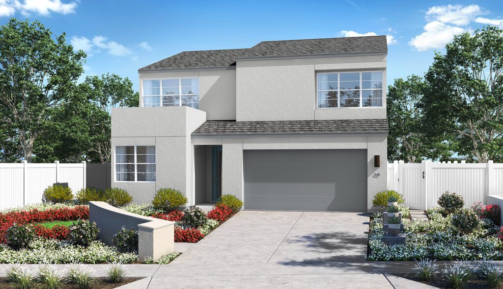 A rendering of the front of a house with a driveway.