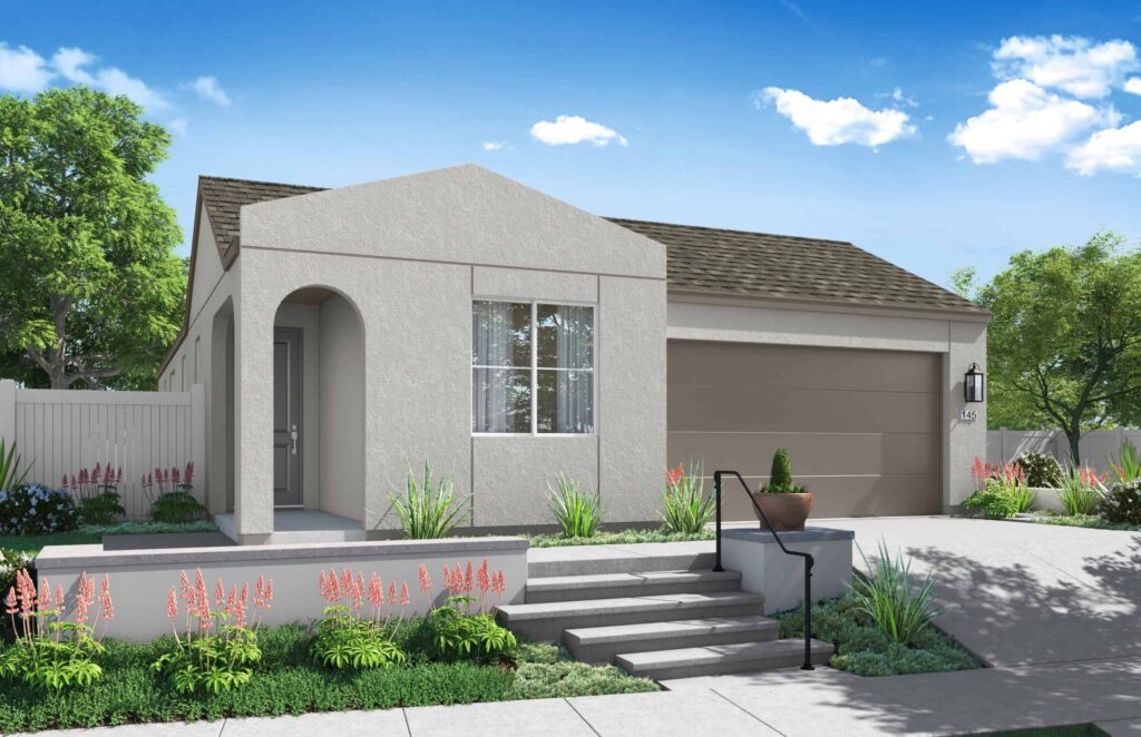 A rendering of the front entrance to a house.