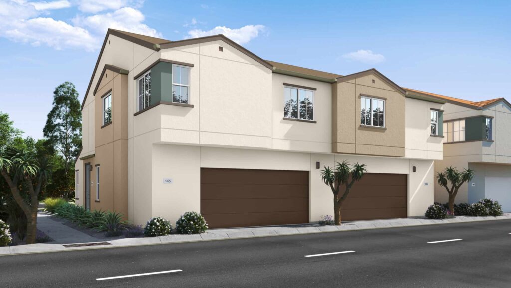 A rendering of the front of a building with two garage doors.